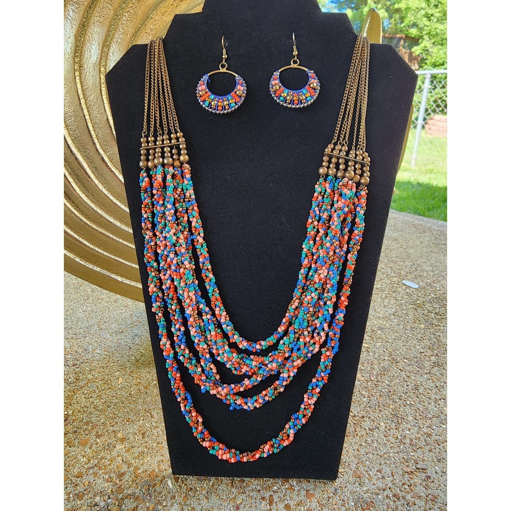 Vintage Multicolored & Strand Necklace  w/ Earrings Set